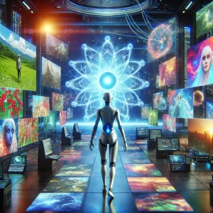 A-futuristic-depiction-of-video-generation-technology-with-an-AI